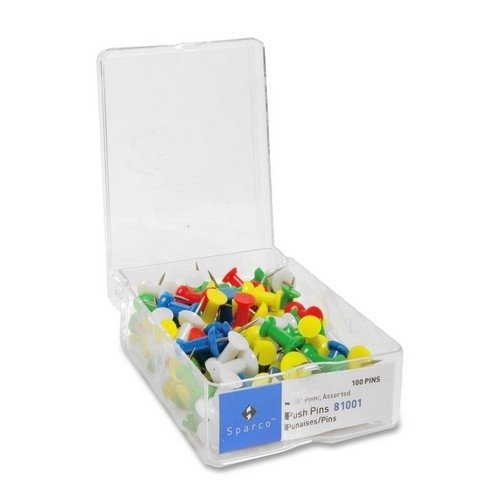 Sparco Products Push Pins, 3/8" Point, 1/2" Heads, 100/BX, Assorted (Units per case: 34)