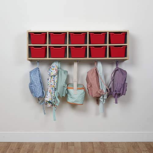 ECR4Kids Streamline 10-Section Hanging Coat Locker with Scoop Front Storage Bins, Natural, Cubby Storage, Red