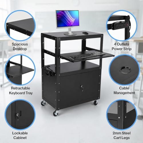 24-42 Inch Adjustable AV Media Cart with Lockable Storage Cabinet, Rolling Mobile Stand with Expandable Work Tray, Integrated Cable Management, Smooth Swivel Wheels for Office, Classroom, Home Studio