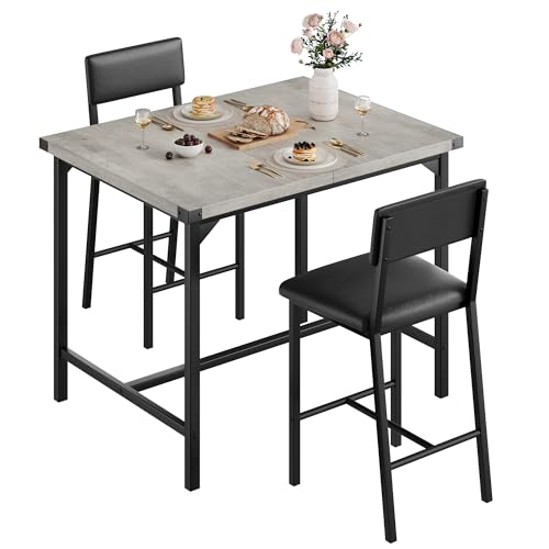 MOVECOM Space-Saving 3-Piece Counter Height Dining Table Set for 2 – Bar Table with 2 Padded Stools, Backrests & Footrests, Metal Frame, Corner Guards, Easy Assembly, Grey