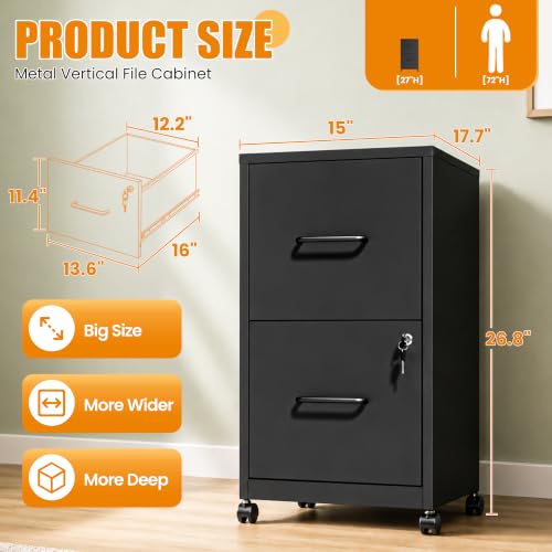 Yukimo 2 Drawer File Cabinet with Wheels, Metal Mobile Filing Cabinets with Lock, Vertical File Cabinet for Home Office, Rolling Storage Cabinet for A4/Letter/Legal Size File, Assembly Required, Black