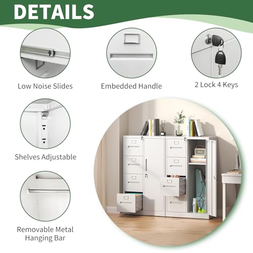 VIYET File Cabinet 4 Drawer, Vertical File Cabinet with Lock and 1 Door, File Cabinet with Storage Shelves for A4 Legal/Letter, Assembly Required (White)