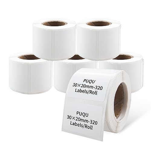 PUQU 30x20mm Direct Thermal Sticker Labels, Self-Adhesive All-Purpose Label Maker Tape, Compatible with AQ Series Label Printer, Refills Standard Laminated Office Labeling, 6 Rolls, 1920 Labels