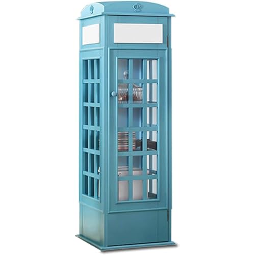 LJLYYDS Wooden Telephone Standing Bookshelf Vintage,5-Tier Wood London Telephones Booth Storage Shelf Cube,Floor Standing Telephone Booth Bookshelf with Acrylic Door for bookstores Blue