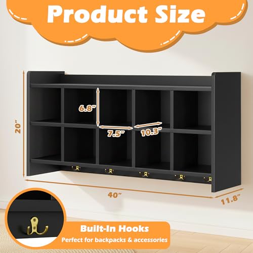 Verssure Wall Cubbies, 10 Cubby Storage Organizer with Coat Hooks, Cubbies for Classrooms,Wooden Cubby Shelf for Toys, Bags and Books, Used in School, Gym, Daycare Storge (Black)
