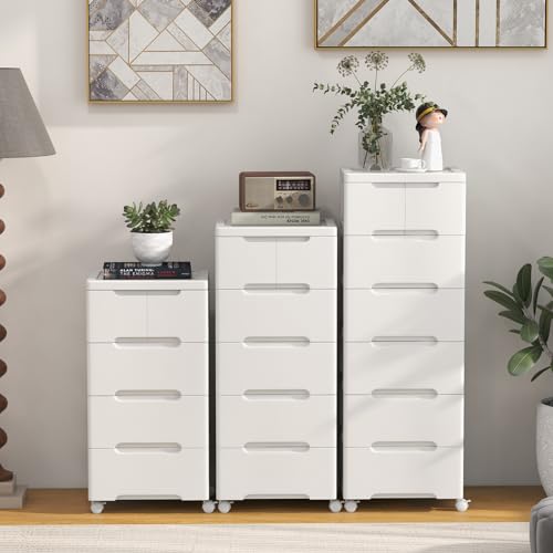 LDAILY Rolling Storage Cart with Drawers, 6 Drawers Storage Cart on Wheels Set of 2, Drawer Cart with 2 Lockable Wheels & Smooth Drawers, Plastic Rolling Cart White (16’’L x 13"W x 38’’H, 6 Drawer)
