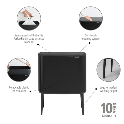 Brabantia Bo Touch Top Kitchen Trash Can with Single Compartment & Raised Legs | Matt Black | 9.5 Gal Inner Bucket | Soft-Close Garbage Can, Stay-Open Lid | Fits Against Wall | + Trash Bags