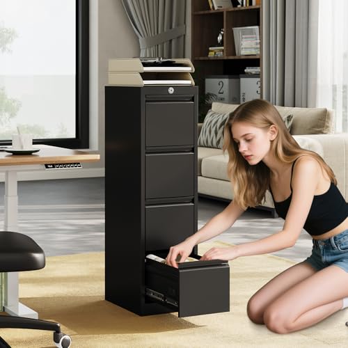 FinerFurnis 4-Drawer Metal File Cabinet with Lock - Heavy Duty Vertical Filing Cabinet for Letter, Legal, A4, F4 Documents - Secure Home Office Storage - Color: Black