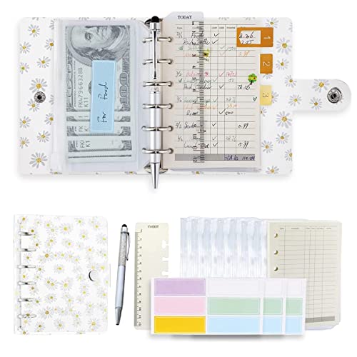 QERTYHKK A7 Transparent Daisy Binder 5.39x4.33" Daily Planner Notebook with Pouch Bags, Bookmark Ruler, Refill Paper, Label Sticker