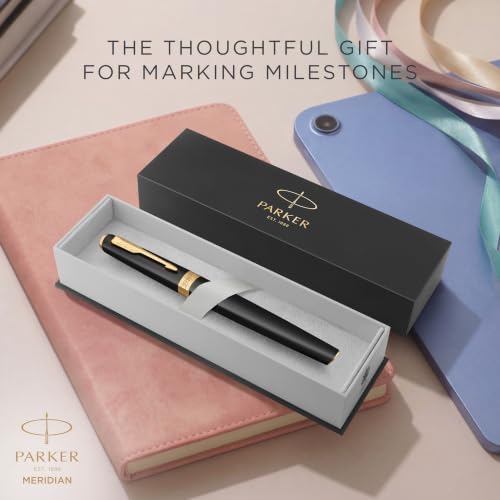 PARKER Meridian Rollerball Pen | Matte Black Lacquer with Gold Trims | Fine Nib | Handwriting Pens & Stationery Supplies | Black Ink | Luxury Gift Box