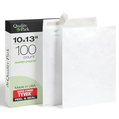 Quality Park Tyvek Envelopes, 100 Pack, Large 10 x 13 Mailers, Easy-to-Open Tamper Evident Pull Strip, Rip, Puncture & Water Resistant Self Sealing Mailing Envelopes for Lightweight Shipping, White