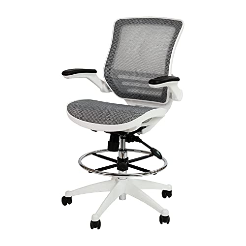 BizChair Mid-Back Transparent Gray Mesh Drafting Chair with White Frame and Flip-Up Arms