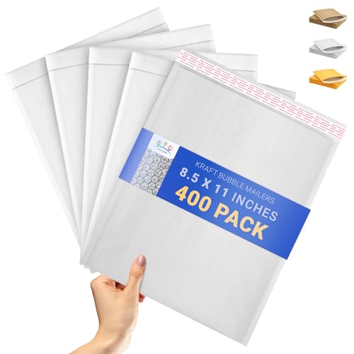 ABC PACK & SUPPLY Kraft Bubble Mailer, 8.5 x 11 Inches, White Padded Envelopes Self Seal, Tear Resistant, 400 Pack, Paper Shipping Envelopes