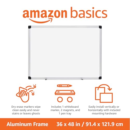 Amazon Basics Magnetic Dry Erase Whiteboard, 36 x 48-inch, Aluminum Frame, Silver/White, Easy to Install