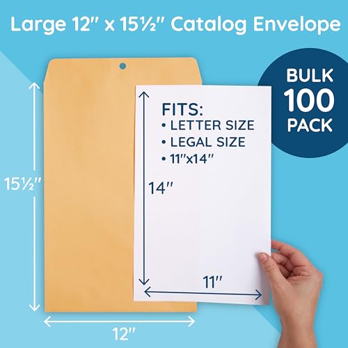 Blue Summit Supplies 100 12" x 15.5" Kraft Clasp Envelopes, Gummed Seal