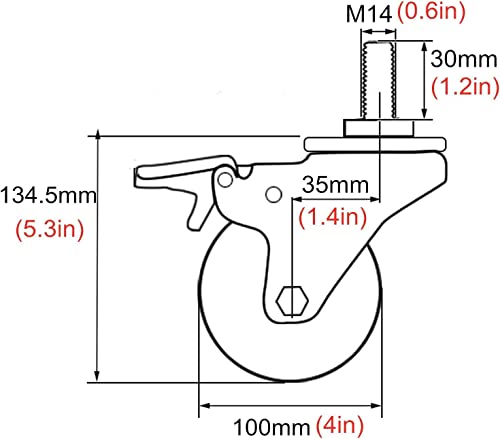 MXXADHPL Office castors 4X Stem Caster Wheels 4 Inch 100mm Rubber Moving Caster Wheels Heavy Duty Swivel Castor for Trolley Furniture,Replacement Wheels,Threaded Rod Height 30mm,Load Capaci
