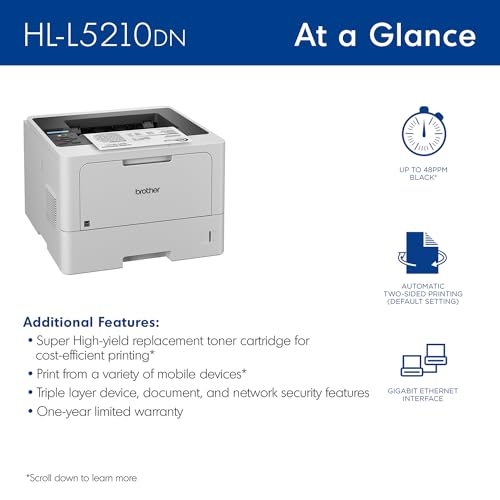 Brother HL-L5210DN Business Monochrome Laser Printer with Duplex Printing, Versatile Paper Handling, Mobile Printing, and Gigabit Ethernet Networking, Works with Alexa