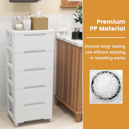 LDAILY Rolling Storage Cart with Drawers, 6 Drawers Storage Cart on Wheels Set of 2, Drawer Cart with 2 Lockable Wheels & Smooth Drawers, Plastic Rolling Cart White (16’’L x 13"W x 38’’H, 6 Drawer)