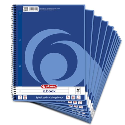 Landre 100050568 Graph Paper Notebook A4 80 Pages 70 g/m² (Pack of 10 Spiral-Bound Notepad "College", A4 Rip-Out, 80 Sheets, Lined/Margin On The Right