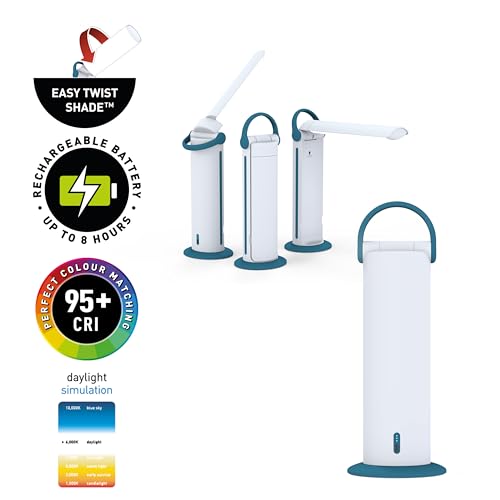 Daylight Twist 2 Go Rechargeable LED Lamp – Portable Craft & Task Light with Easy Twist Shade, 95+ CRI for Color Accuracy, 3 Brightness Levels, Up to 8 Hours Battery Life – Teal & White (U35090)