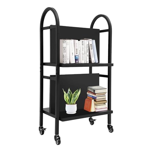FFanhia Rolling Library Book Cart, 2 Tier Office Book Cart Heavy Duty Steel Book Shelf with Wheels 34" Tall Rolling Bookcase for Home Office School