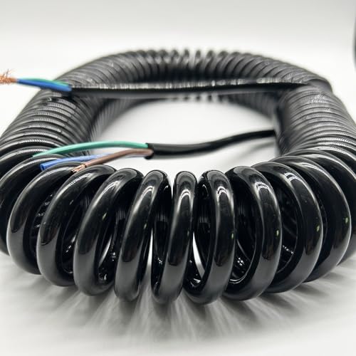 Coiled Mains Flex Curly Spring Cord 3 Core Black Stretchable Spiral Wire