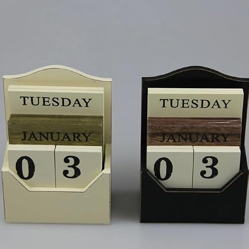 Yuidaaavzz Wood Block Perpetual Calendar Vintage Home Desk Decor DIY Wood Desk Calendar Retro Wooden Environmental Office Decor (White 3.9" W x 5.7" H)