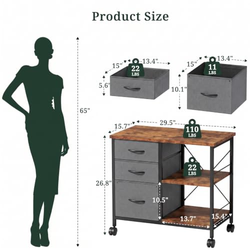 3-Drawer Lateral File Cabinet, Printer Stand with Open Shelves, Brown