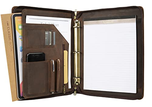 Genuine Leather Portfolio Binder & Organizer, Vintage Leather 3 Ring Binder, Business Men's Custom Padfolio, Legal Pads Zippered Portfolio (Dark Khaki, Non-Custom)