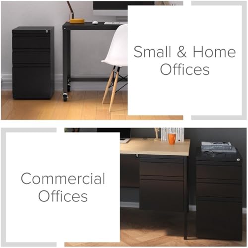 BOWERY HILL 20" 3-Drawer Modern Metal Mobile Pedestal Filing Cabinet in Black, Lockable, Sturdy Steel Construction, Mobile Office Storage, Durable Document Organization