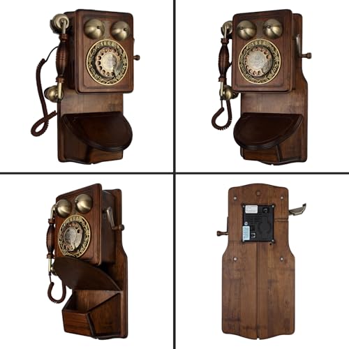 DAEOIBHJR Vintage Wall Phones for Landline Wall Mount Old Fashioned Rotary Phone Retro Corded Telephone European-Style Wood Phone with Mechanical Ringer for Kitchen Home School Office(Red)