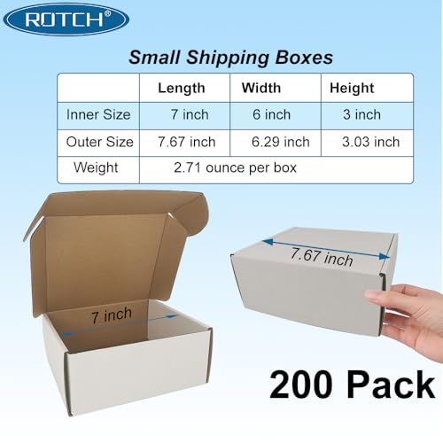 ROTCH 200 Pack 7x6x3'' Small Shipping Boxes, White, Cardboard Corrugated Mailers (M763-200-W)