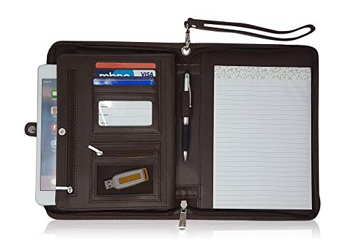 Zippered Portfolio Binder with Junior Legal 5x8 Notepad - Dark Brown PU Faux Leather Business Padfolio Organizer Folder with 8 Inch Tablet Sleeve & Gift Box by Lautus Designs
