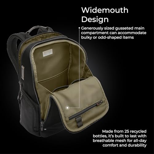 Briggs & Riley Medium Widemouth Backpack - Carry On Travel Backpack for Women & Men, Personal Item Bag, Self-Repairing Zippers, Padded Straps, Fits up to 15.6" Laptop - HTA Collection, Black
