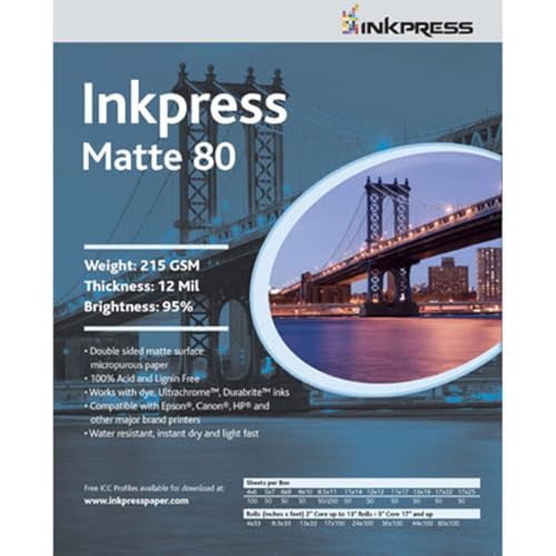 Inkpress Duo Matte 80 Inkjet Paper, 215 gsm Weight, 12 mil Thickness, 95% Brightness, Double Sided, 11x17", 100 Sheets