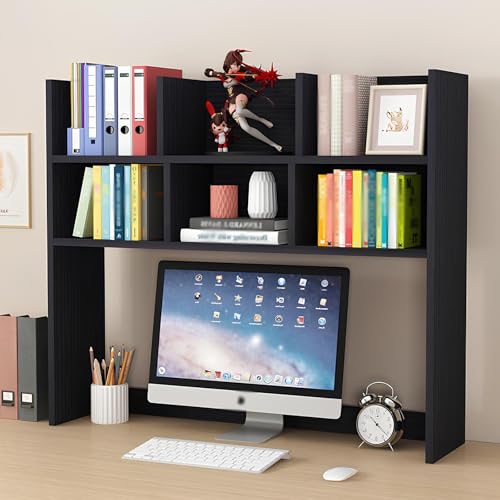 CATOPAT Wooden Desk Hutch Organizer with Large Storage Space for College Dorm Home Office Supplies Black White Computer Desktop Accessories,Black-Small