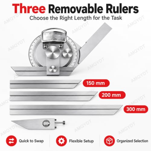 Universal Bevel Protractor, Universal Bevel Protractor with 5 Arc-Minute Scale, Magnifying Lens, Fine Adjustment and 150/200/300mm Rulers for Internal External Angle Measurement