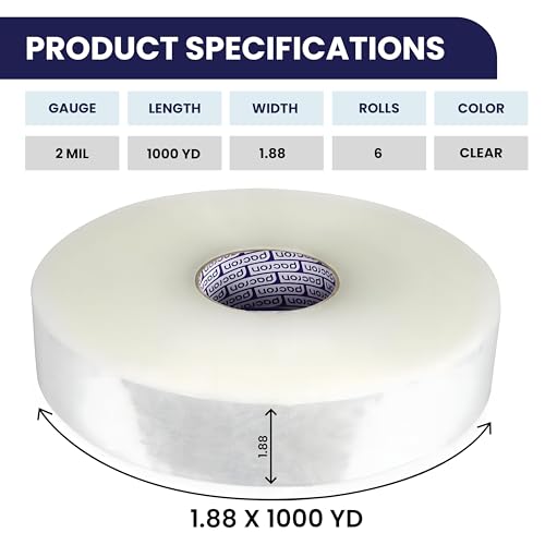 Machine Length Packing Tape | 1.88" x 1000 Yards, 6 Rolls, 2 Mil | Heavy-Duty Clear Packaging Tape for Shipping, Box Sealing & Industrial Packing | Strong Adhesion & Tear-Resistant Design