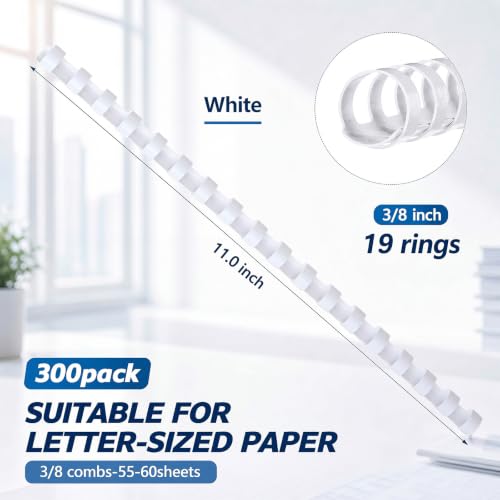 Maitys 300 Pcs Plastic Binding Combs Bulk 19 Ring Comb Spines Letter Size Spiral Binding for Notebook Calendar Picture (3/8inch,White)