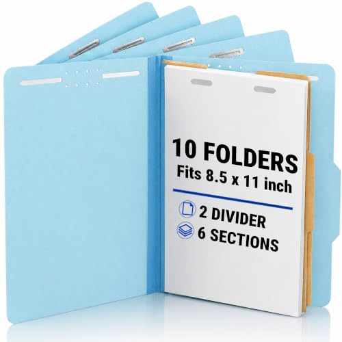 10 Pack Classification Folder Letter Size 2 Dividers - Light Blue Pressboard File Folders 8.5x11 - Two Prong Top Tab Employee Medical Chart Folders - File Organizer Divider for Medical and Office Use