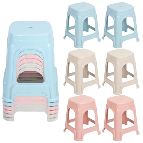 Mitoydoe 6 Pack Classroom Stools for Kids, Stackable Plastic Stools with Anti-Slip Bottom & Carry Hole, Round Seats in Pink/Light Blue/Khaki for School, Playroom, Home Mix Color