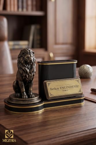 Personalized Wooden Lion Themed Desk Nameplate with Pen Holder | Custom Engraved Office Decor for Men and Women | Powerful Symbol of Strength and Leadership | Wood Organizer Gift - Black