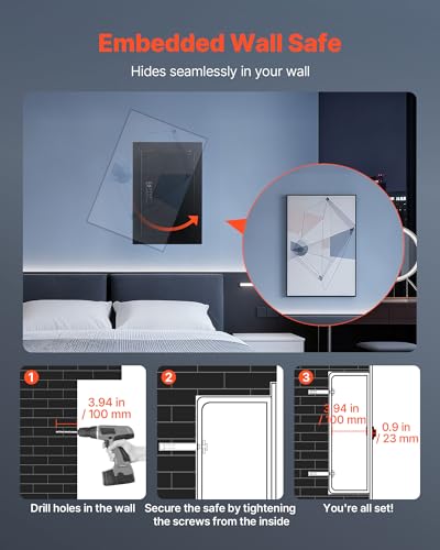 VEVOR 22" High Wall Safe, 3-Tier Hidden Wall Safe with Fingerprint, Password, Key & Turning Knob, Q235 Cold-Rolled Steel In-Wall Box with Adjustable Shelves & Key Holders, Black