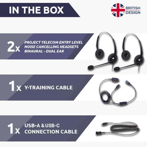 Project Telecom USB-A & USB-C, 2 Users, Binaural Noise Cancelling, Headset Splitter Training Supervising Coaching Bundle - Compatible with Microsoft Teams, Zoom, Cisco Webex, VoIP Softphone Apps