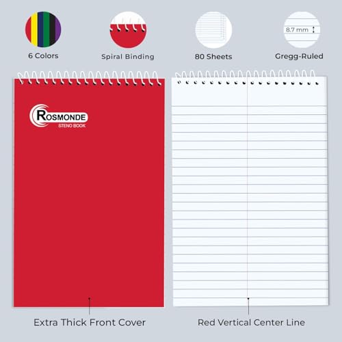 Rosmonde 48 Pack Bulk Steno Pads, 6" x 9" Gregg Ruled Notebook, 80 Sheets