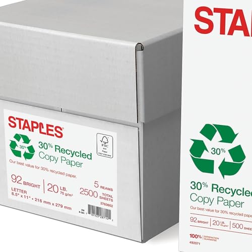 Staples 30% Recycled Copy Paper, 8.5x11 In, 20 lb, 92 Bright, 5/Ctn