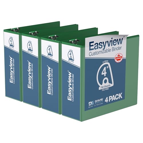 Easyview 3-Ring Binder, Clear-View Cover, 4" D Rings, Green, 4 Pack