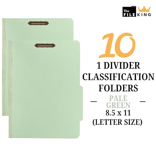 The File King One Divider Pale Green Pressboard Classification File Folder - Letter Size | Box of 10 | Top Tab | 2” Expansion | Four 2-Inch Durable Fastener Prongs | USA Made