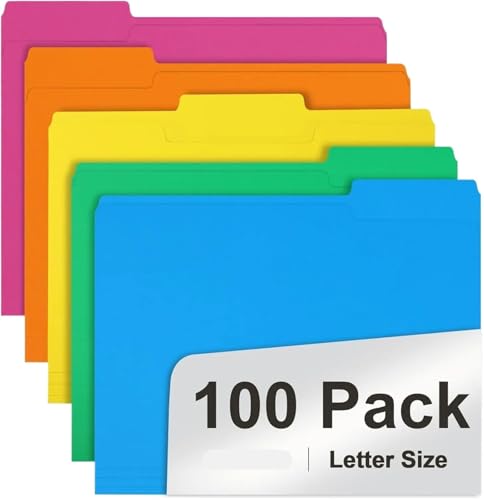 100 Pack Colored File Folders with Tabs, Letter Size, Assorted 5 Colors