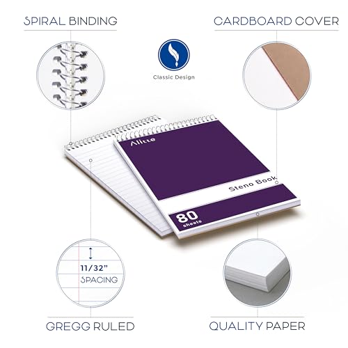 Alitte Steno Pads Spiral 6x9-24 Pack Regular Colors - Perfect for Work, School, and Home Use, Easy Tear-Off Pages, Gregg ruled, White Paper - No Ink Bleeds - 80 Sheets